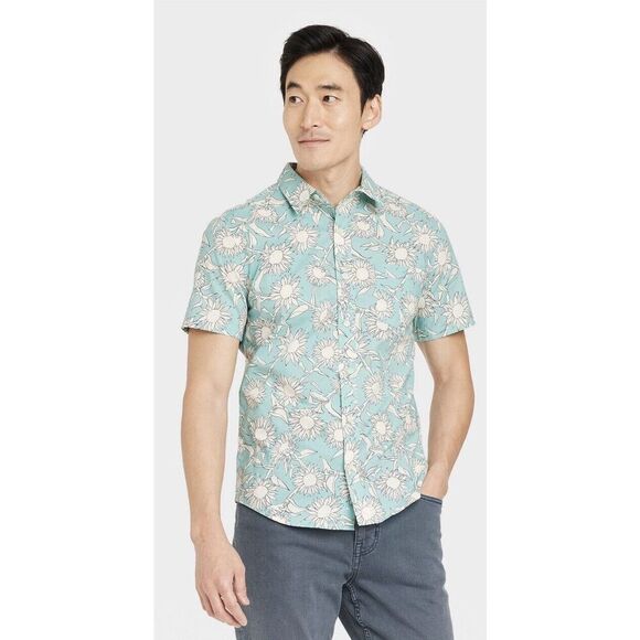 Goodfellow & Co. Men’s Light Blue Sunflower Print Short Sleeve Collared T-Shirt - Picture 1 of 7